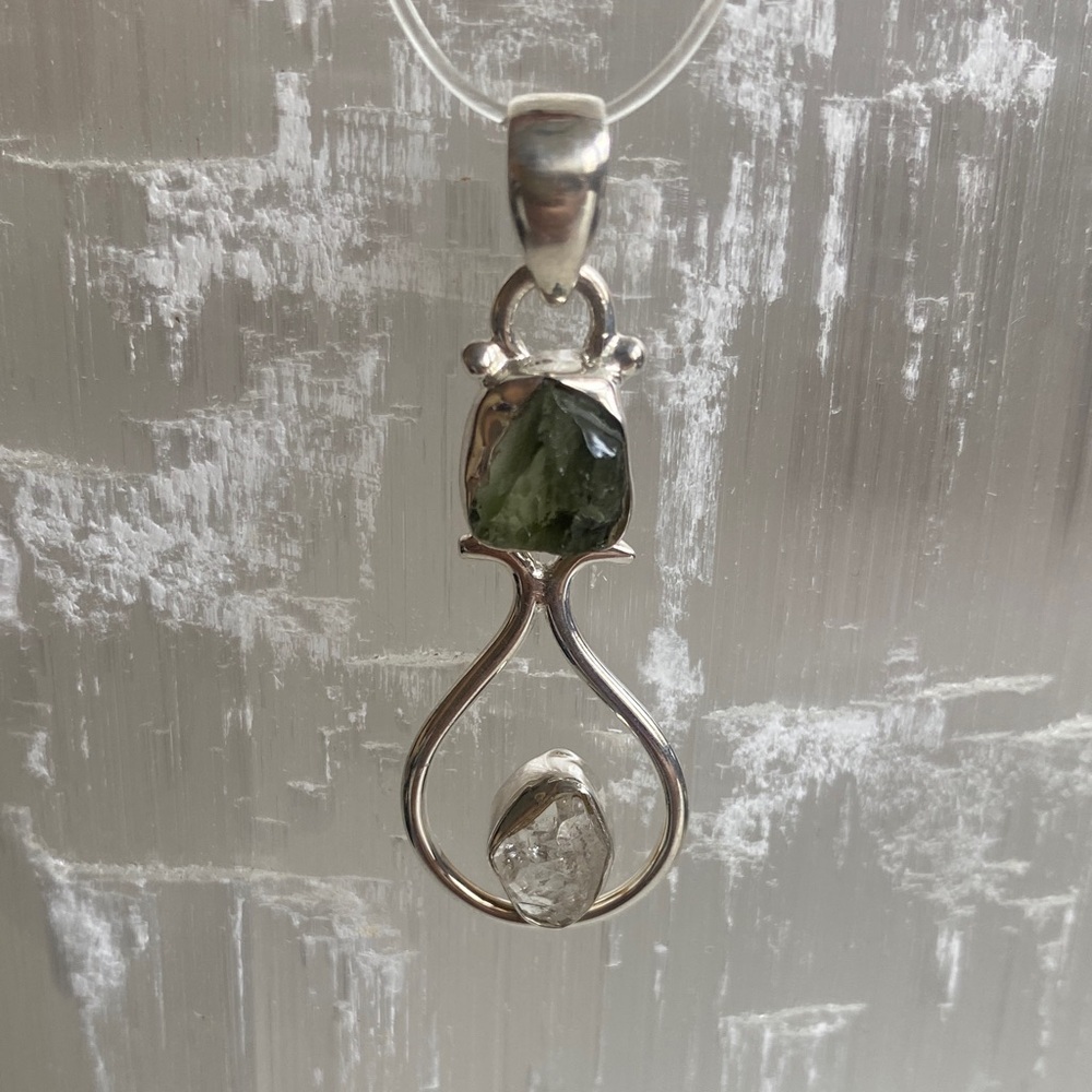 Sterling Silver Moldavite and Herkimer Diamond Pendant